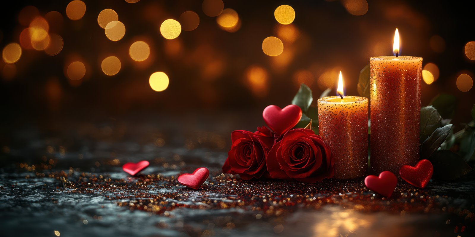 Romantic candlelit setup with roses and heart-shaped decorations for an intimate evening